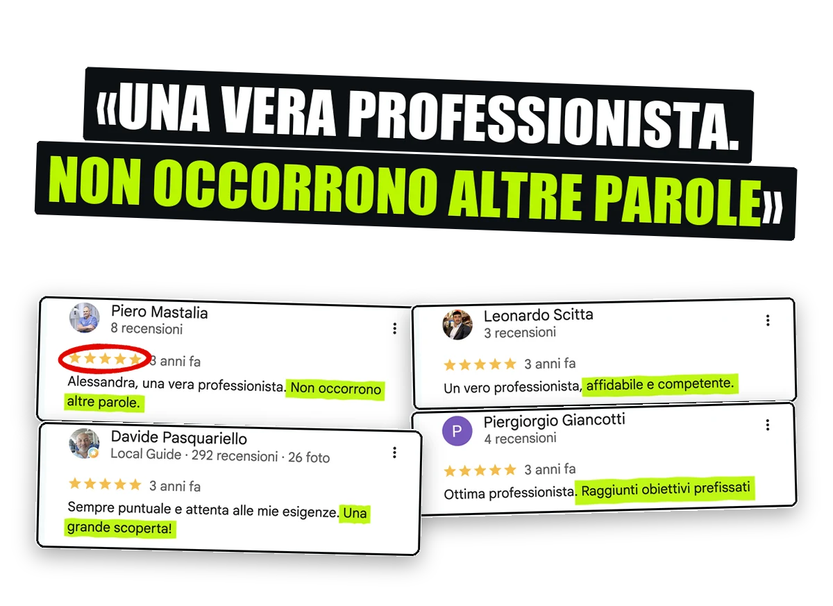Quattro recensioni a 5 stelle su Google: una vera professionista, affidabile e competente, obiettivi raggiunti